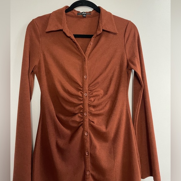 Lulus A Little Prep Rust Brown Button-Up Bodycon Mini Dress - Picture 6 of 8